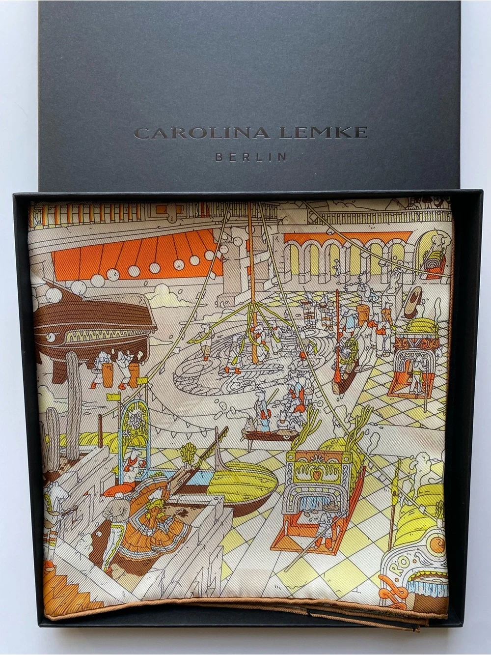 NEW Carolina Lemke Azure Celestial Cathedral Silk Scarf Equestrian Motif